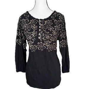 J.Jill Embroidered Floral Henley Blouse Small Black Cotton Tencel Modal Boho Art